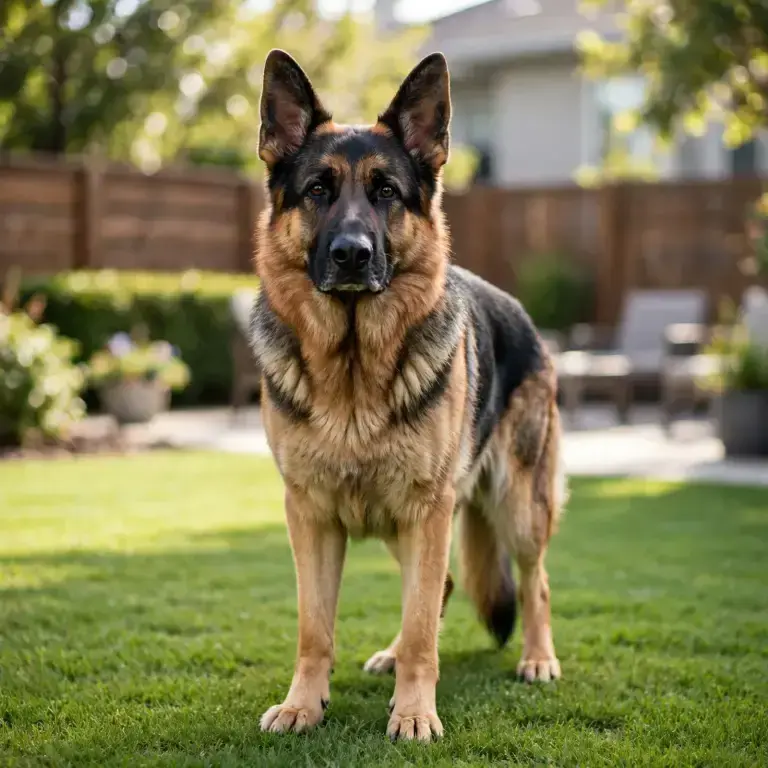 German Shepherd standing on a clean green lawn