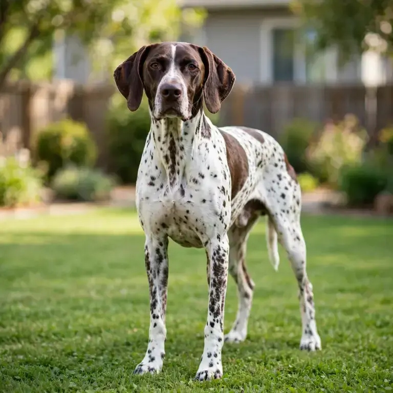 German Shorthaired Pointer standing on a clean green lawn