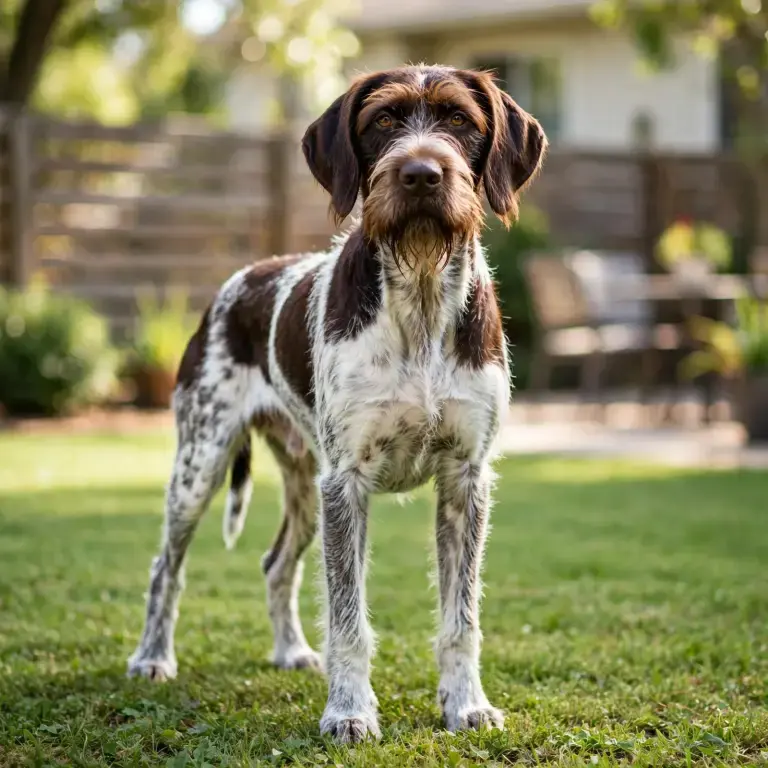 German Wirehaired Pointer standing on a clean green lawn
