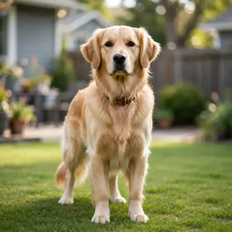 Golden Retriever standing on a clean green lawn