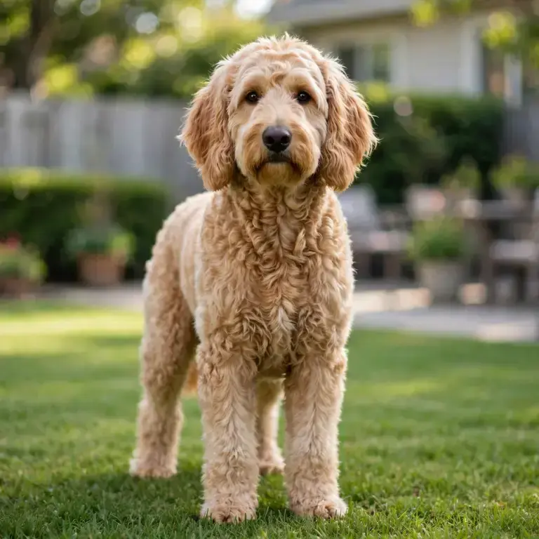 Goldendoodle standing on a clean green lawn