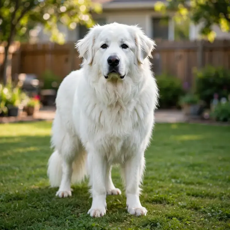 Great Pyrenees standing on a clean green lawn