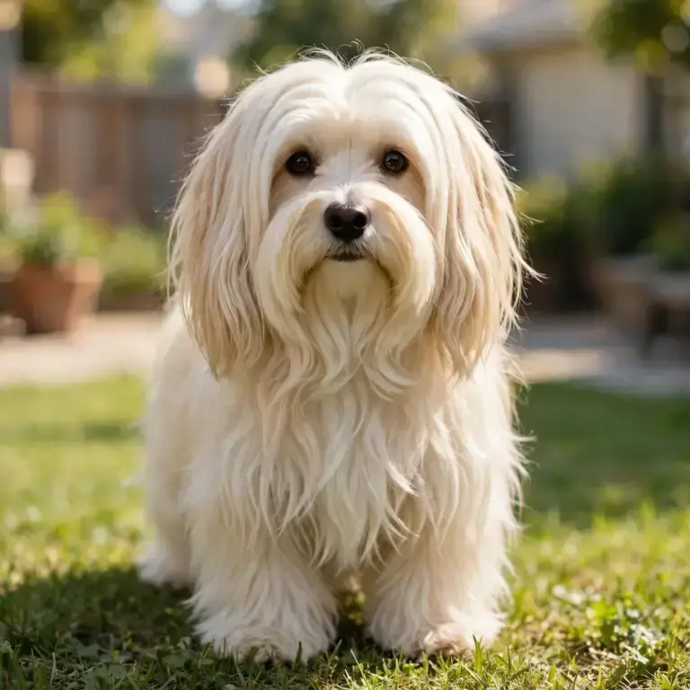 Havanese standing on a clean green lawn