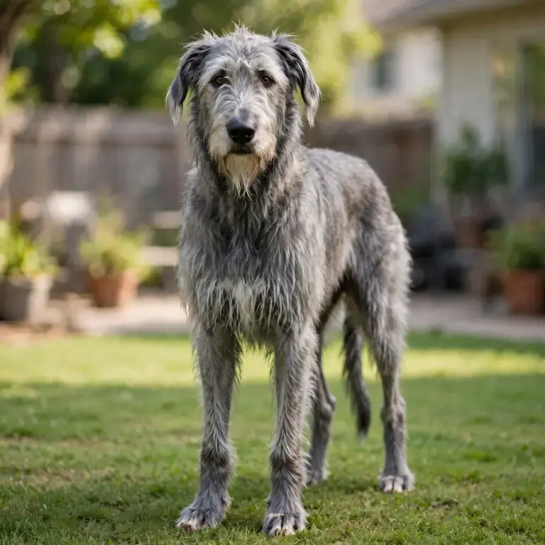 Irish Wolfhound standing on a clean green lawn