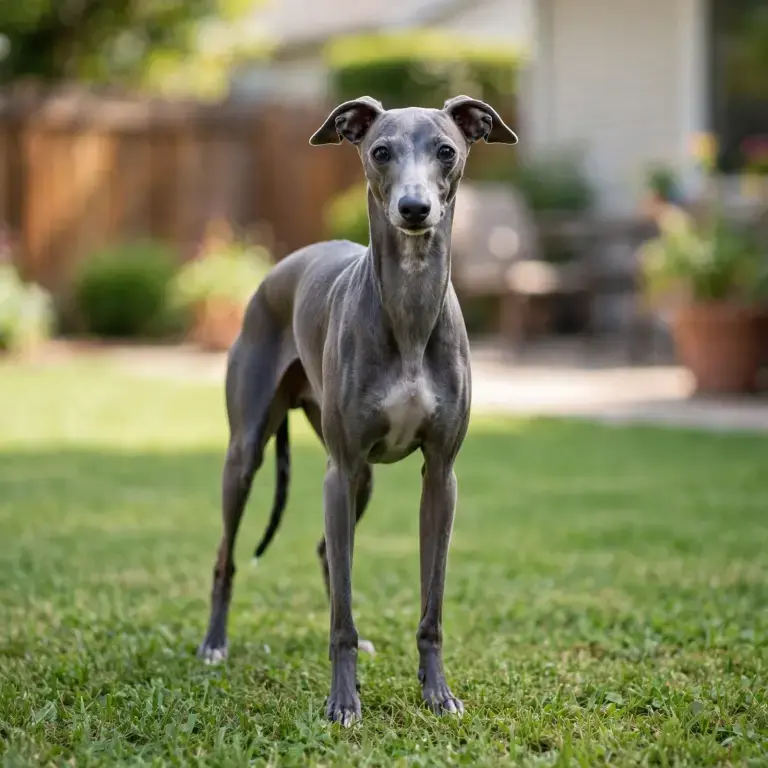 Italian Greyhound standing on a clean green lawn