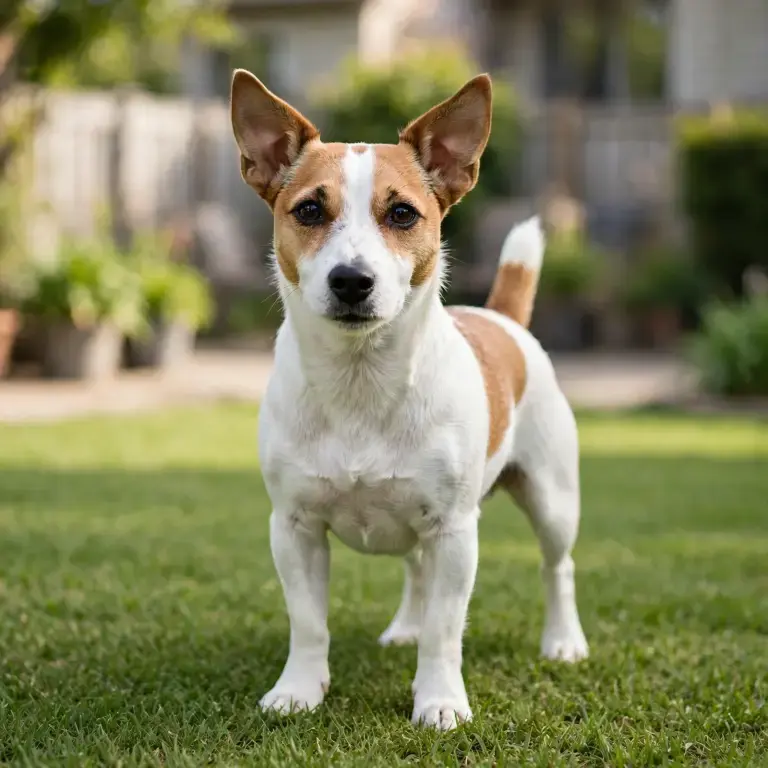 Jack Russell Terrier standing on a clean green lawn