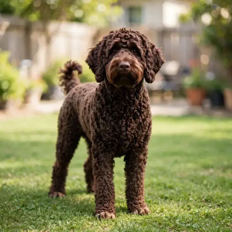 Labradoodle standing on a clean green lawn