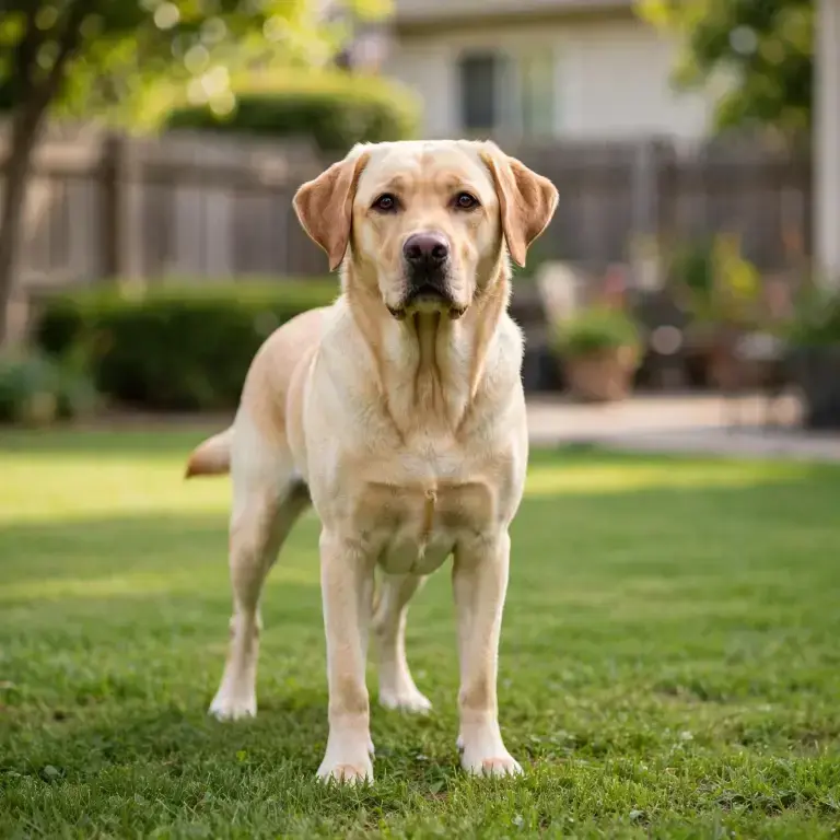Labrador Retriever standing on a clean green lawn