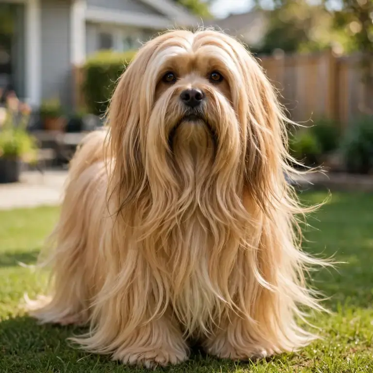 Lhasa Apso standing on a clean green lawn