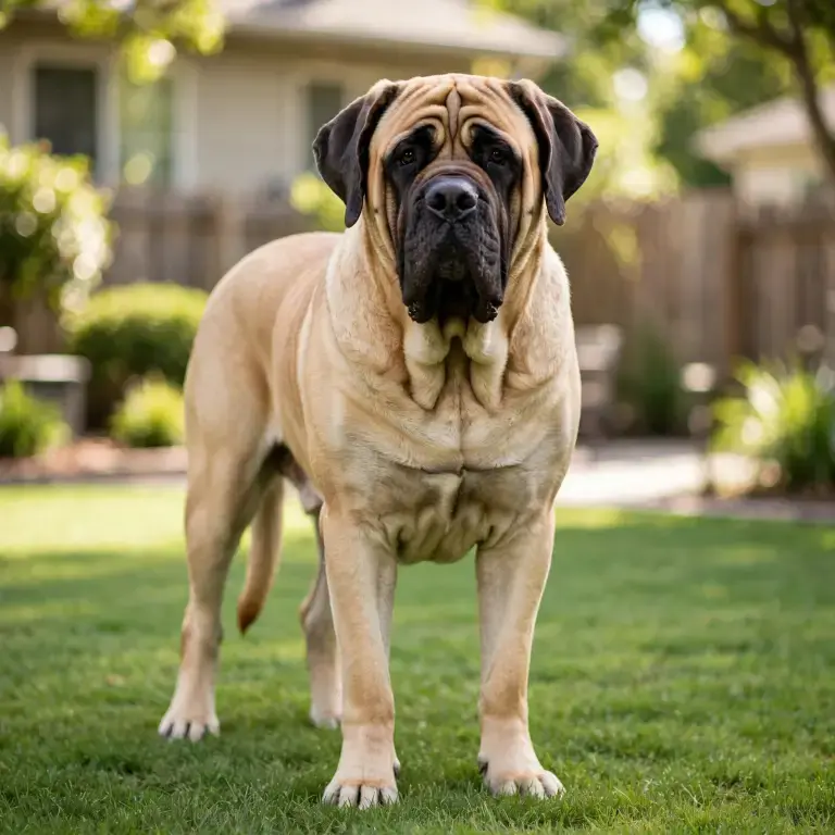 English Mastiff standing on a clean green lawn