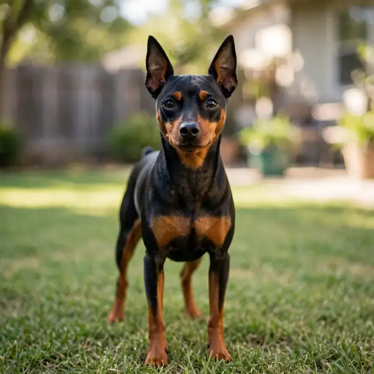 Miniature Pinscher standing on a clean green lawn