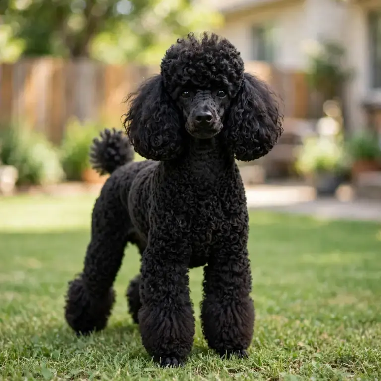 Miniature Poodle standing on a clean green lawn