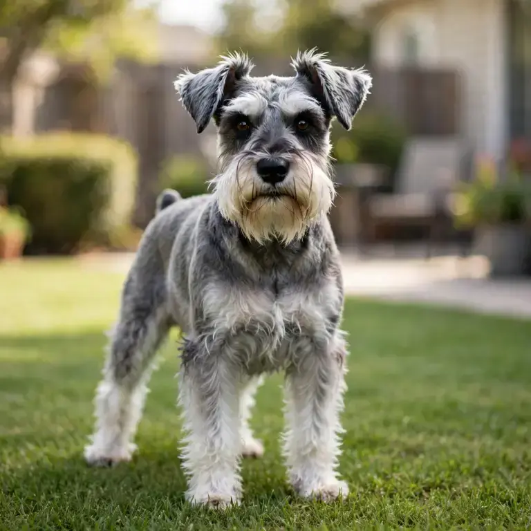 Miniature Schnauzer standing on a clean green lawn