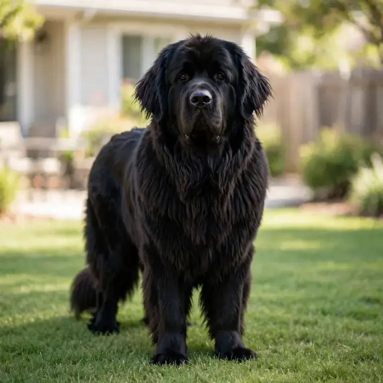 Newfoundland standing on a clean green lawn