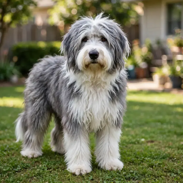 Old English Sheepdog standing on a clean green lawn