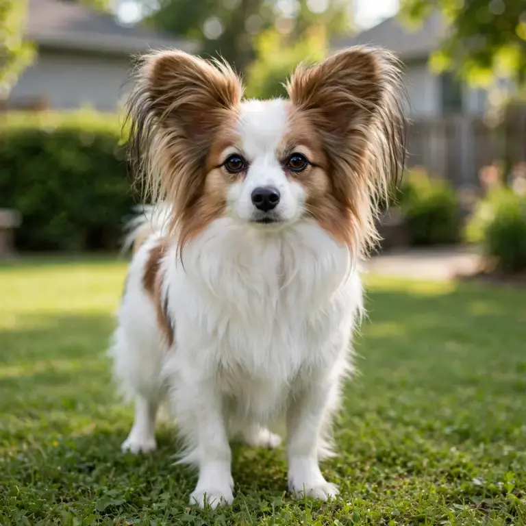 Papillon standing on a clean green lawn