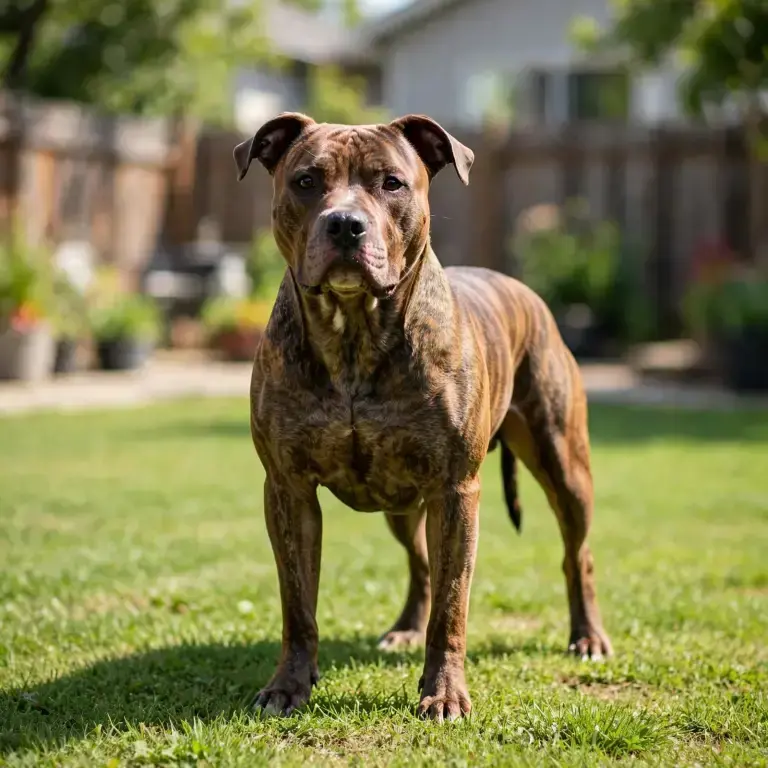 American Pit Bull Terrier standing on a clean green lawn