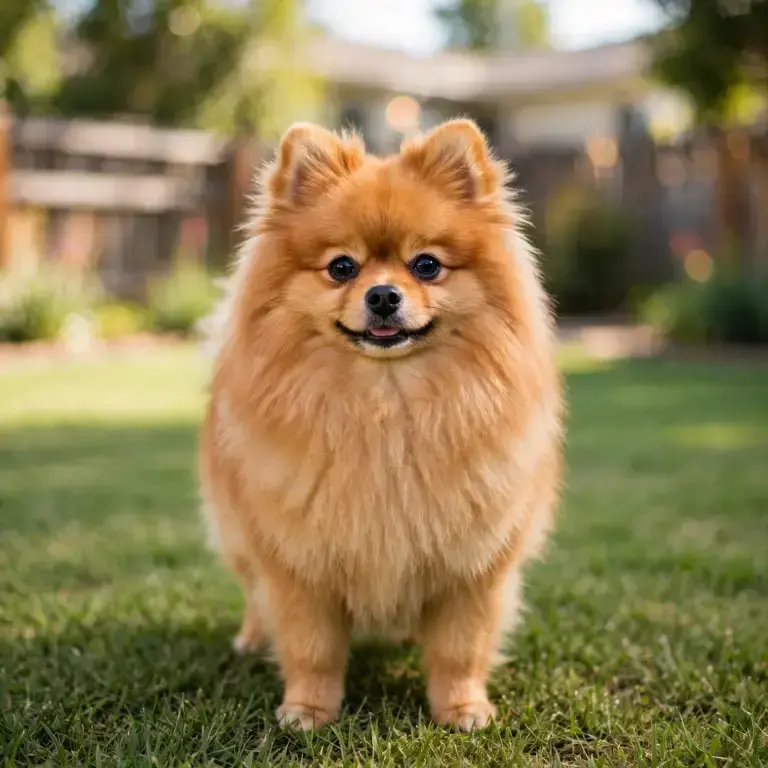Pomeranian standing on a clean green lawn