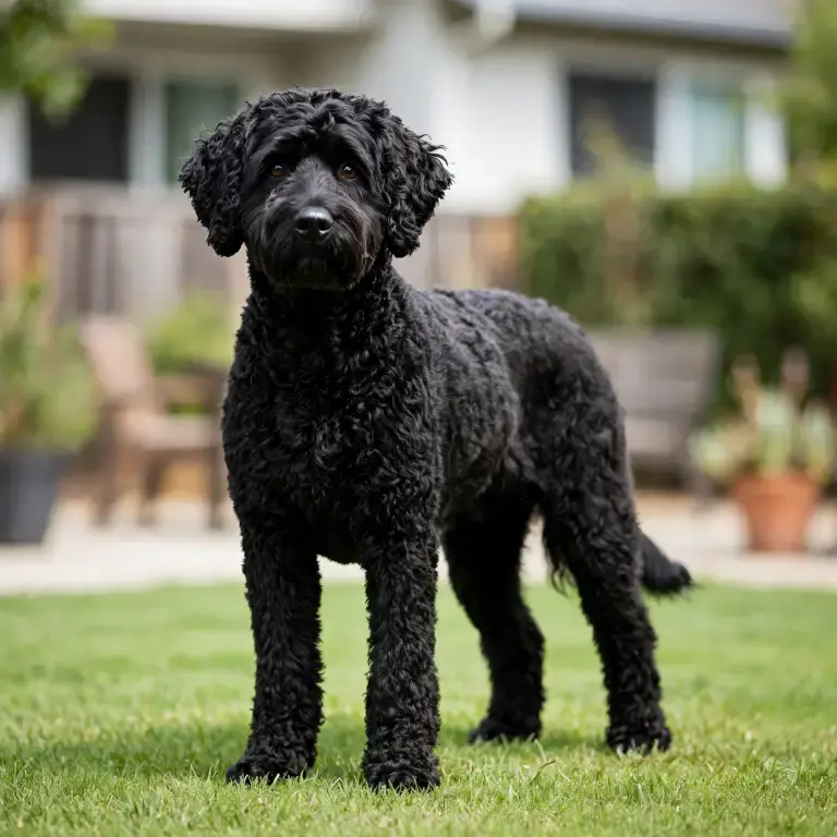 Portuguese Water Dog standing on a clean green lawn