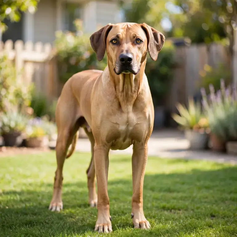 Rhodesian Ridgeback standing on a clean green lawn
