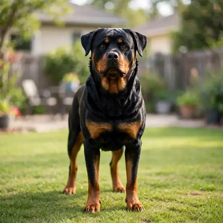 Rottweiler standing on a clean green lawn