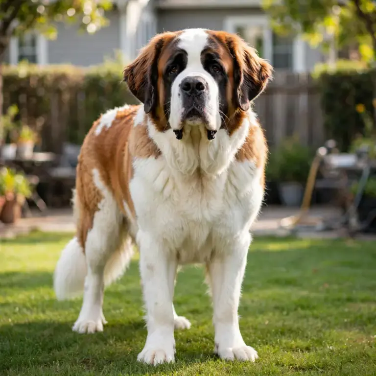 Saint Bernard standing on a clean green lawn