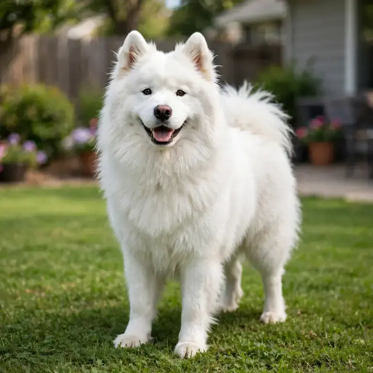 Samoyed standing on a clean green lawn