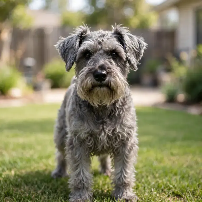 Schnoodle standing on a clean green lawn