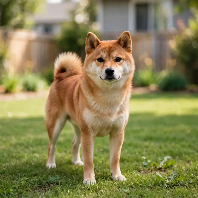 Shiba Inu standing on a clean green lawn