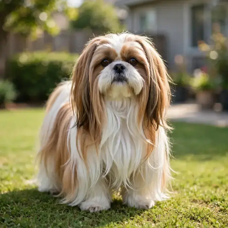 Shih Tzu standing on a clean green lawn