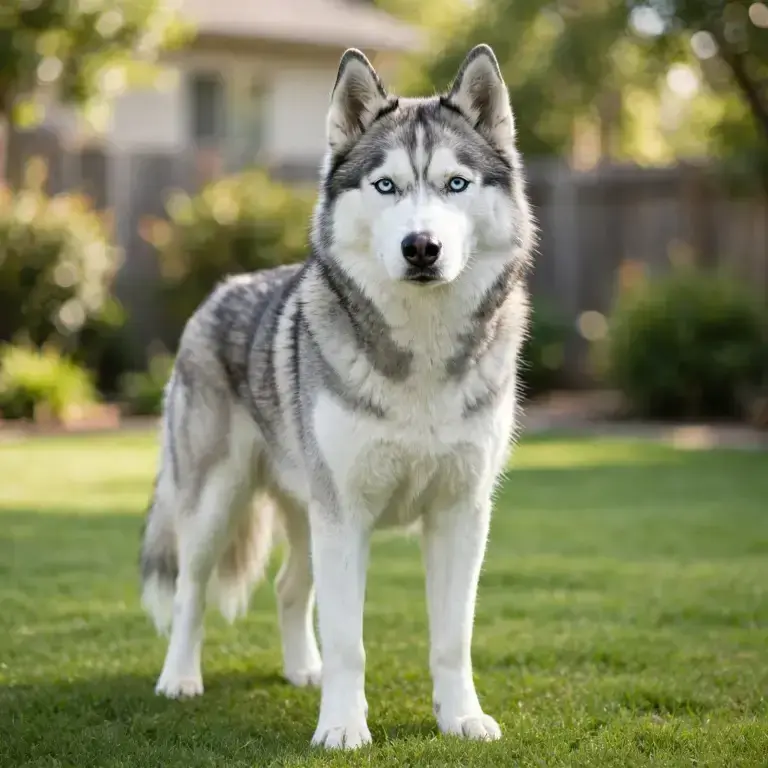Siberian Husky standing on a clean green lawn