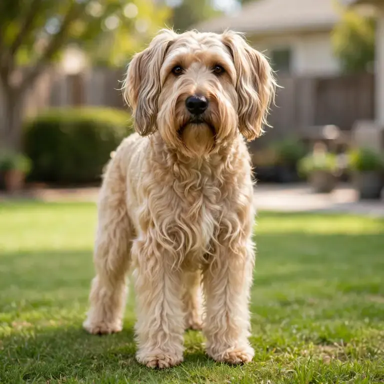 Soft Coated Wheaten Terrier standing on a clean green lawn