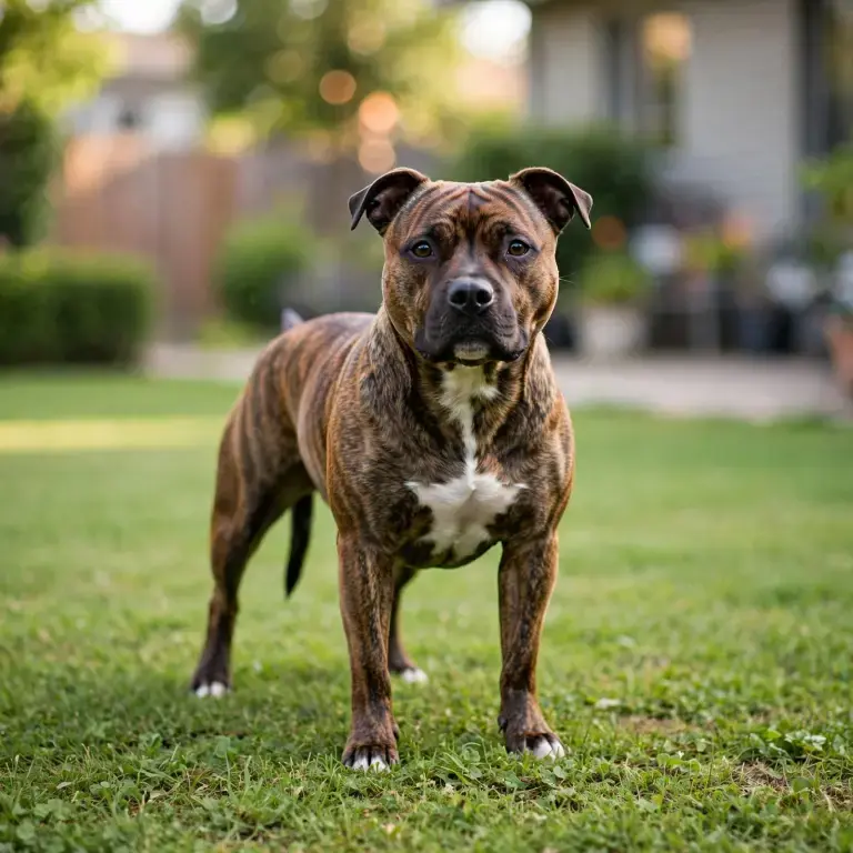 Staffordshire Bull Terrier standing on a clean green lawn