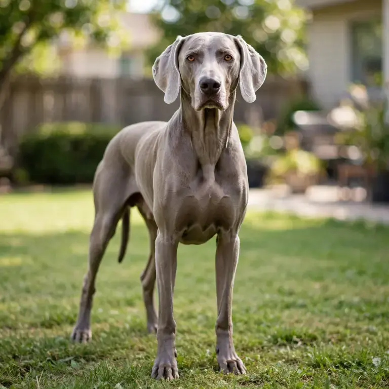 Weimaraner standing on a clean green lawn