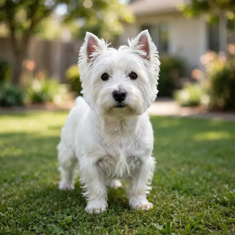 West Highland White Terrier standing on a clean green lawn