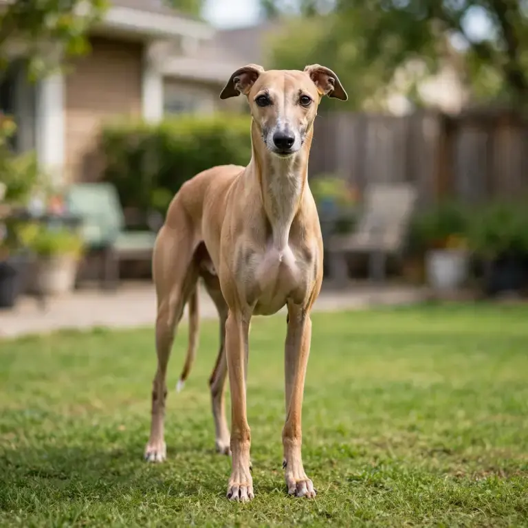 Whippet standing on a clean green lawn