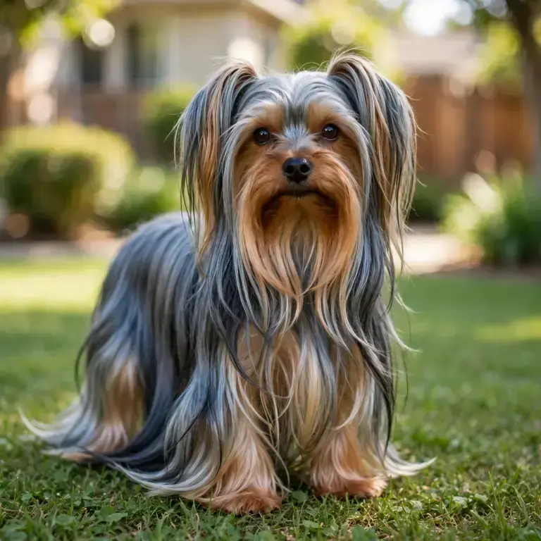 Yorkshire Terrier standing on a clean green lawn