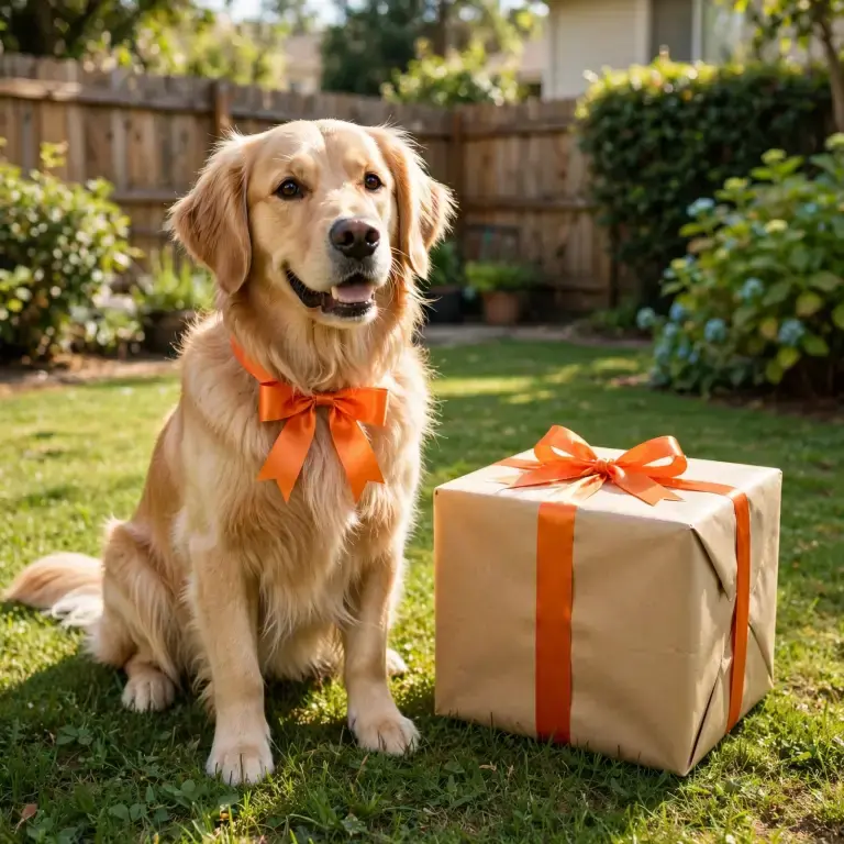 Golden retriever wearing an orange bow sitting beside a wrapped gift box on a lawn