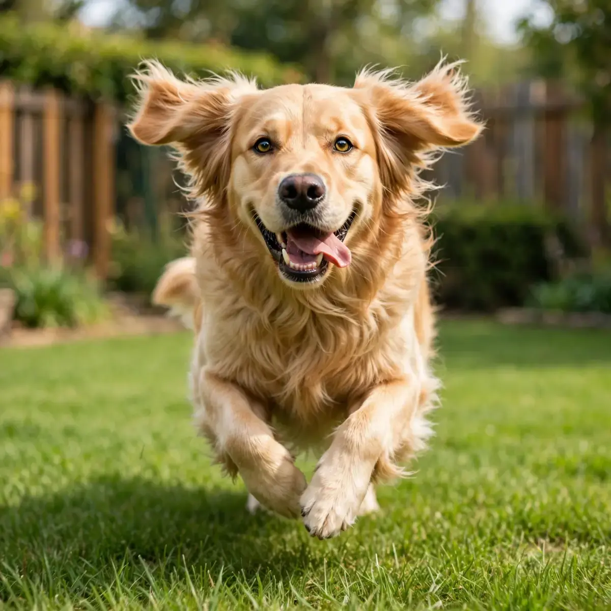 Happy dog running on a clean green yard safe for kids and pets