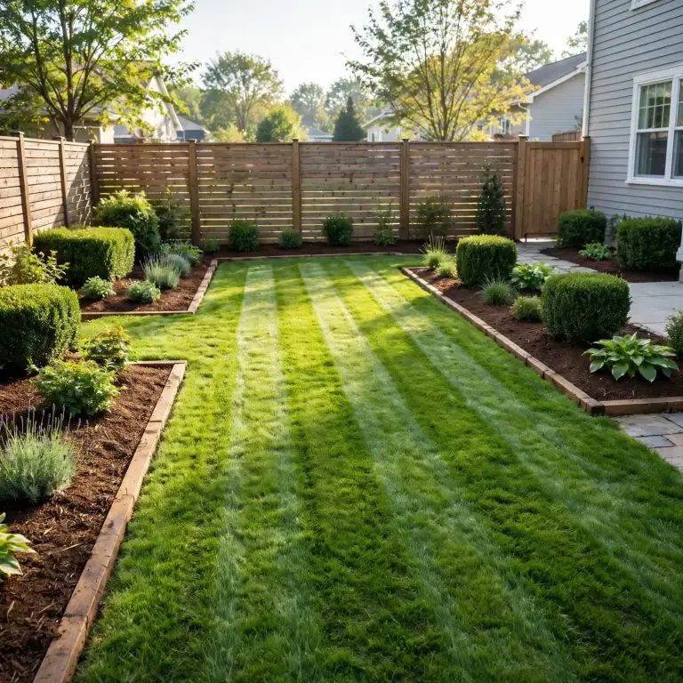Yard restored to a clean striped lawn with fresh garden beds after a one-time cleanup
