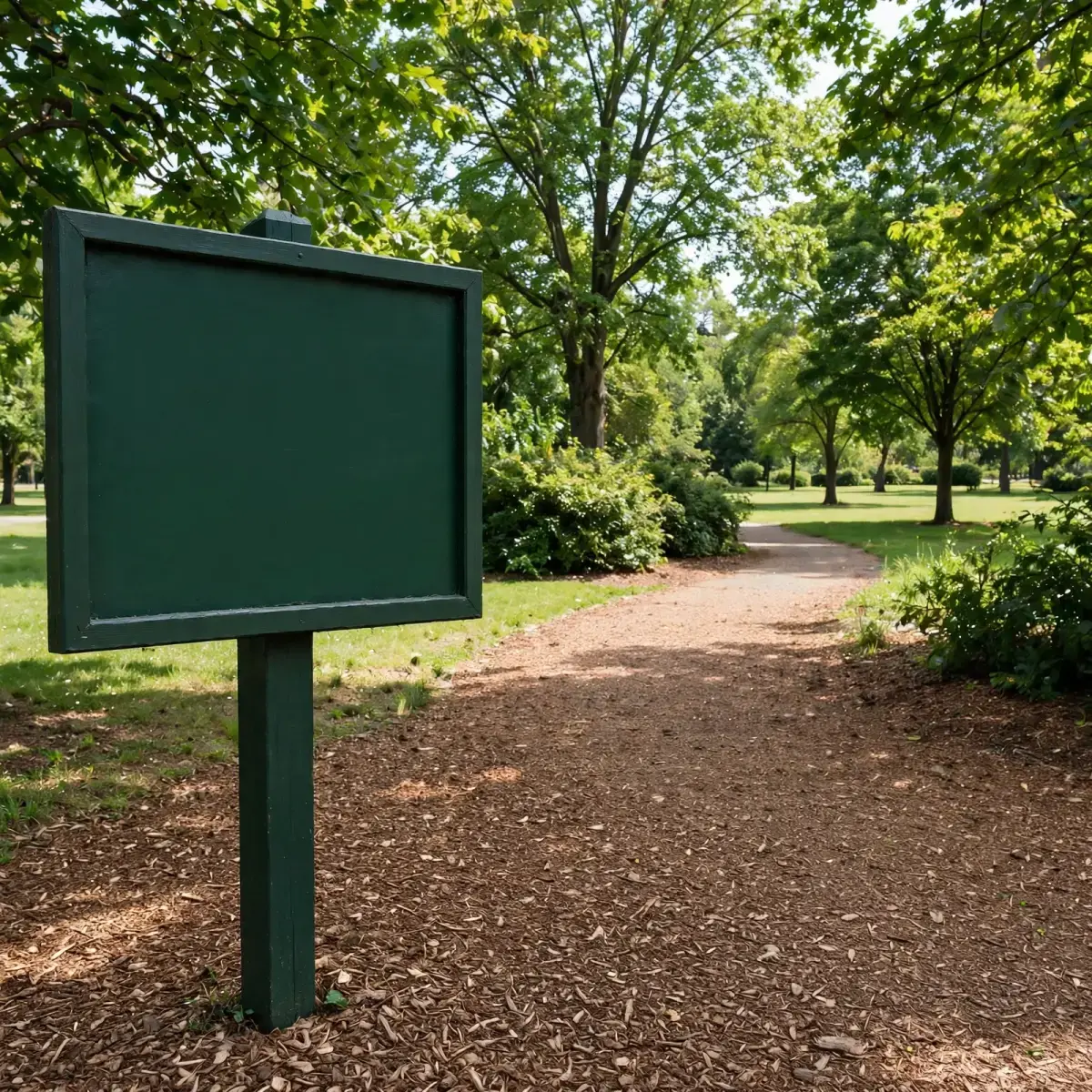 Suburban park entrance with a green information sign