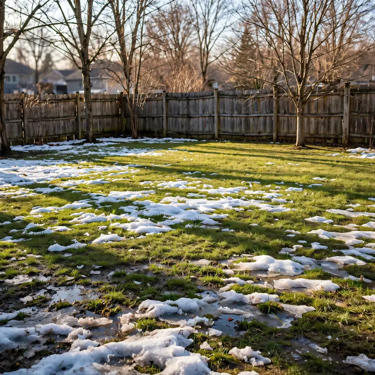Backyard lawn with melting snow patches revealing green grass in early spring
