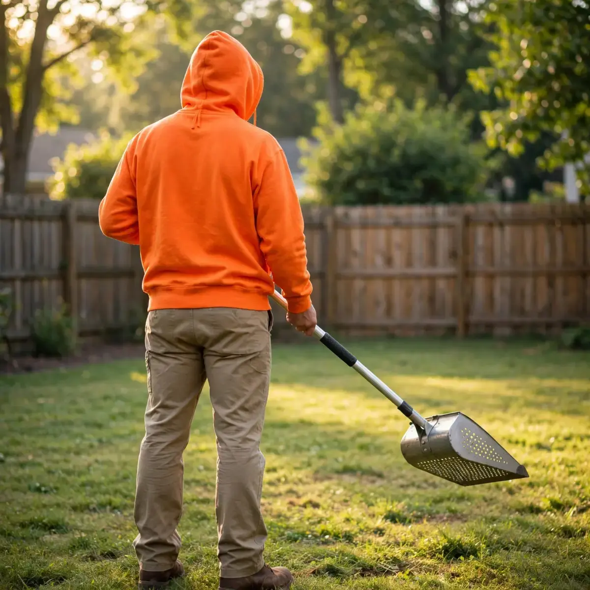 Service professional in an orange hoodie walking a sunny yard with a scoop