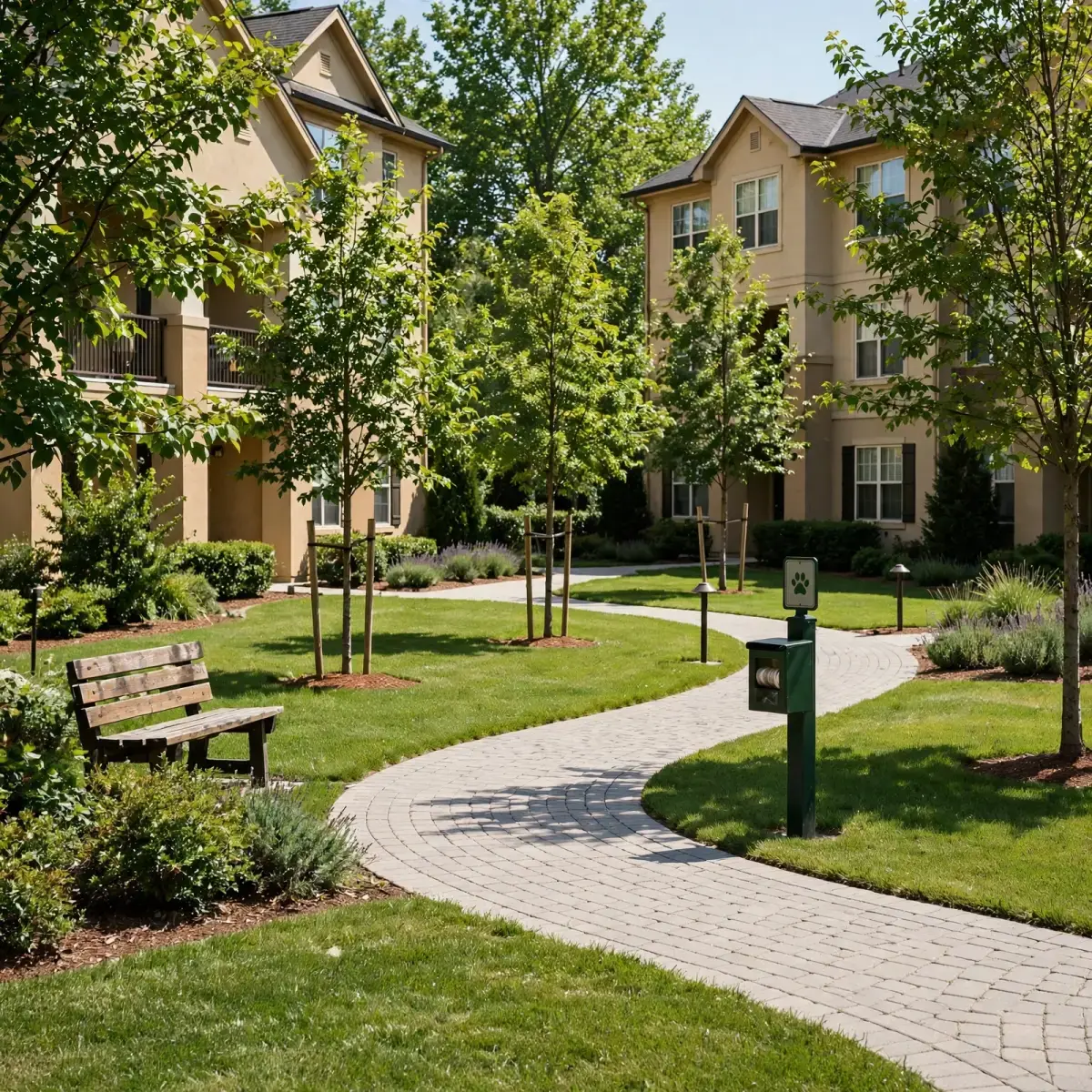 Apartment courtyard with clean lawns, a walking path, and a pet waste station