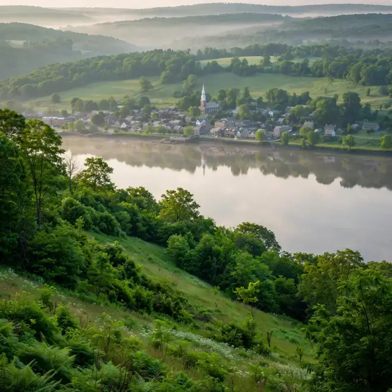 Hudson Valley river hills and small towns under a bright sky