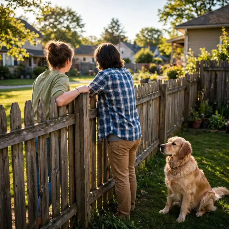 Two neighbors chatting over a backyard fence with a dog nearby