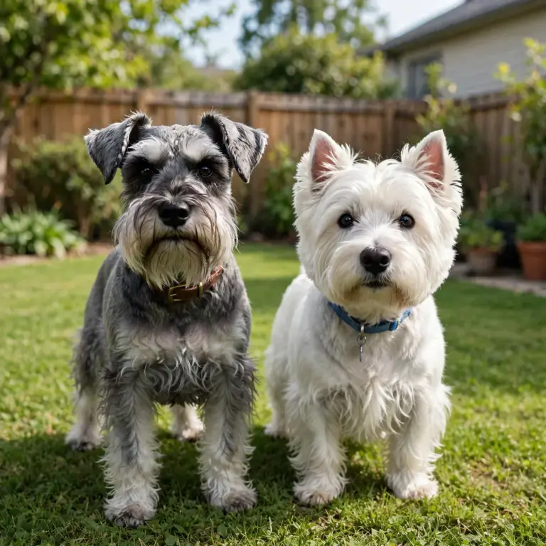 Miniature Schnauzer and Westie standing side by side on a lawn