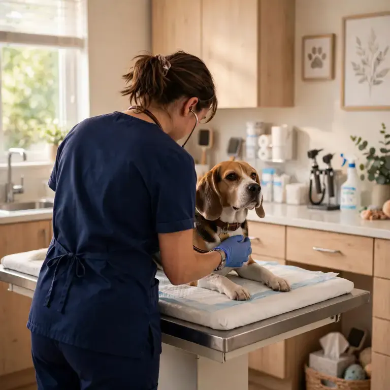 Veterinarian examining a dog on an exam table
