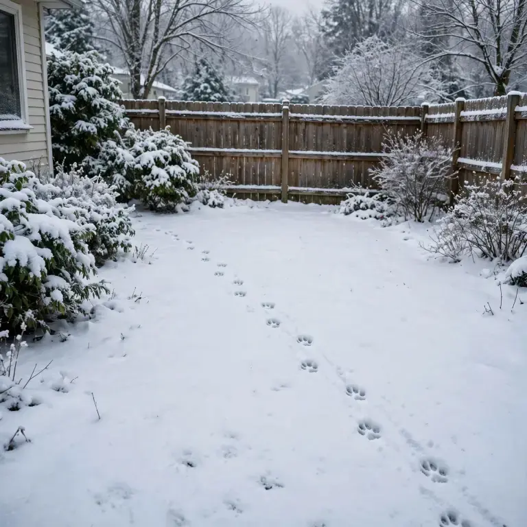 Dog paw prints in fresh snow across a winter yard