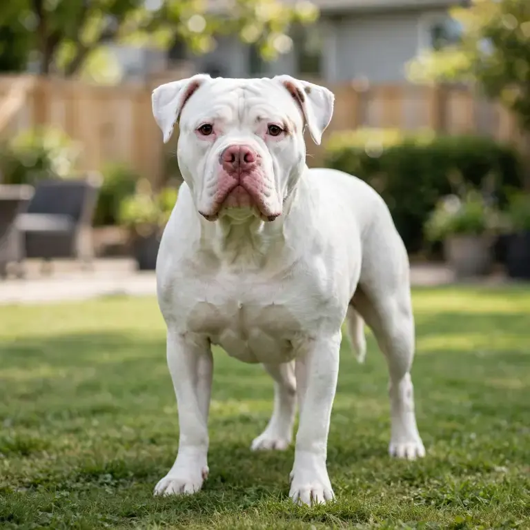 American Bulldog standing on a clean green lawn